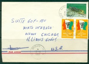 Ivory Coast 1983 AirMail to USA, Map, Elephant, Insect cover