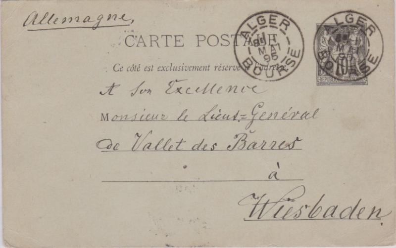 Algeria France 10c Peace and Commerce Postal Card 1895 Alger, Bourse to Wiesb...