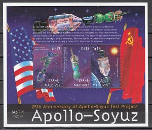 Maldives, Scott cat. 2459. Apollo-Soyuz, 25th Anniversary sheet of 3.