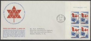 1967 #453 Canadian Centennial FDC Plate Block French Schering Cachet Ottawa