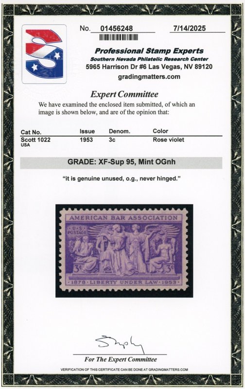 US Stamp #1022 American Bar Assoc 3c - PSE Cert - XF-SUP 95 - MNH - SMQ $30.00