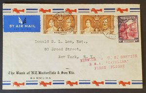 1937 Hamilton Bermuda to New York USA First Flight Multi Franking Airmail Cover