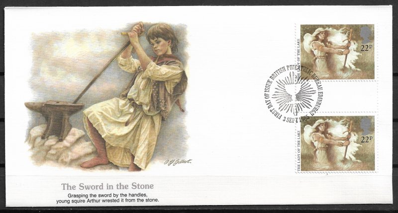 1985 Great Britain 1116 The Sword and the Stone gutter pair FDC