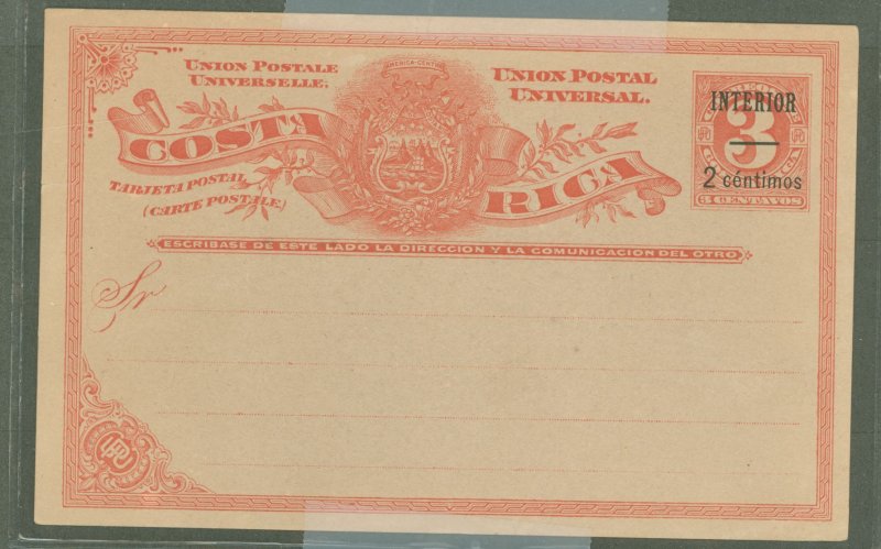 Costa Rica UX 1903 2cent/3 cent P.C., light toning, #449 at LL corner of reverse