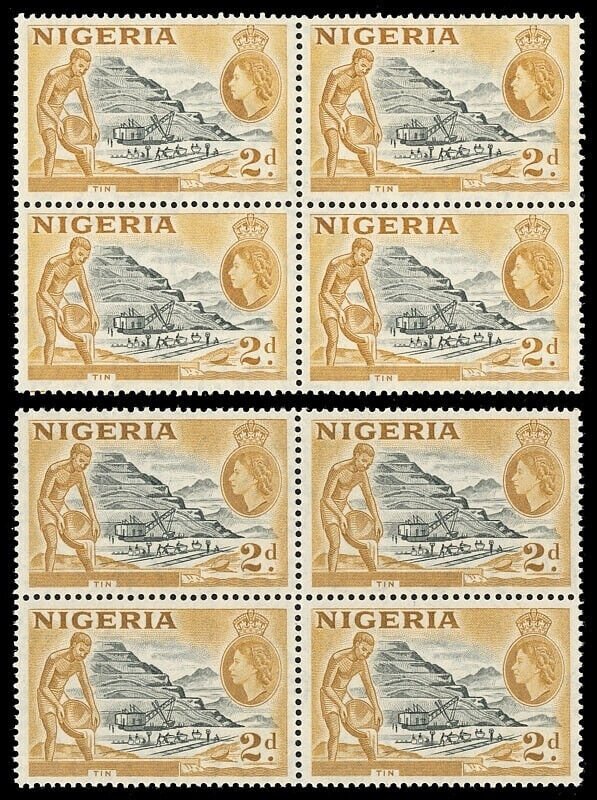 Nigeria 1953 QEII Tin 2d in the two listed shades in blocks MNH. SG 72,72a.
