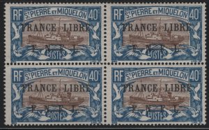 St Pierre et Miquelon 1942 MNH Sc 209 40c Fishing Steamer F.N.F.L. O/P Block ...