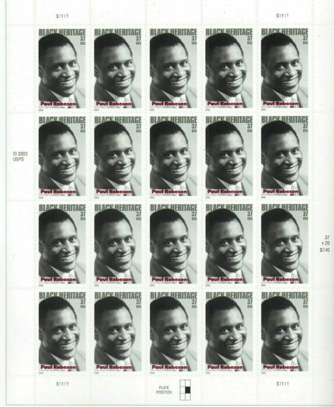 Paul Leroy Robeson Black Heritage Sheet of Twenty 37 Cent Stamps Scott 3834 