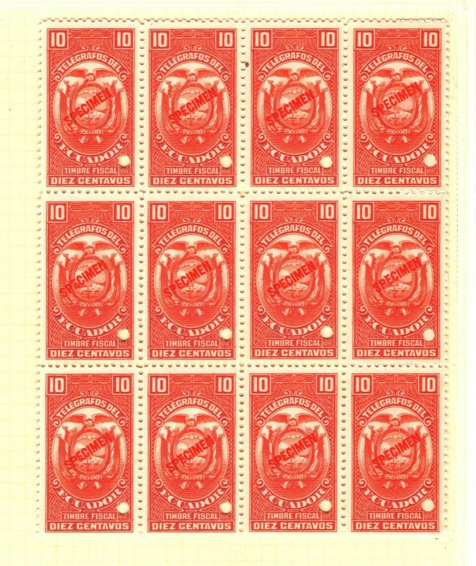 ECUADOR TELEGRAPHS *ABNCo. Imprint* SPECIMEN Two 10c Blocks{12 & 6} UM MNH MB6