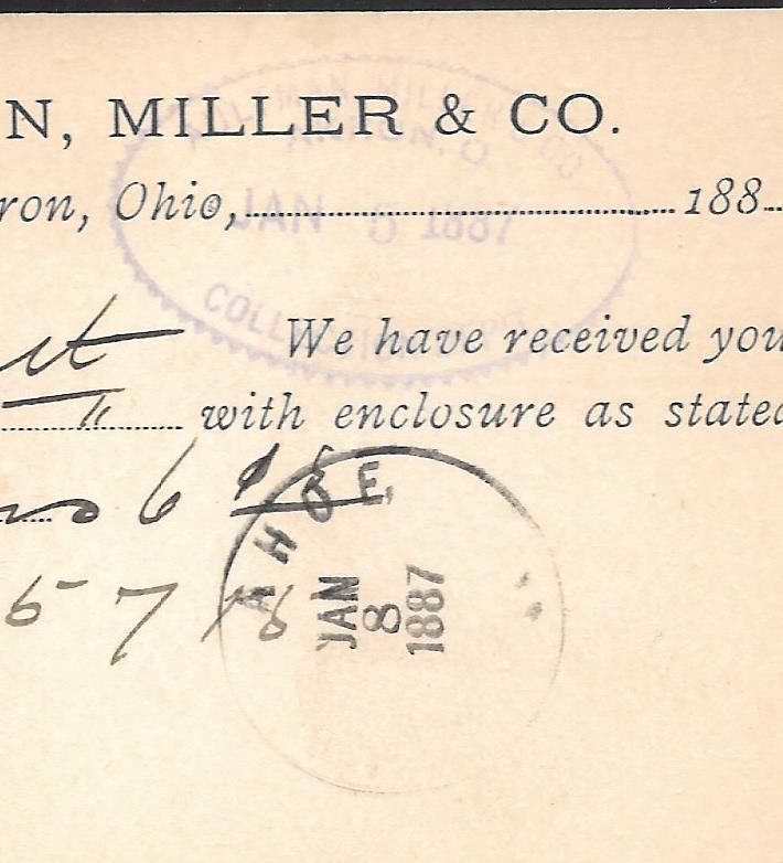 #UX8 AKRON OHIO. JAN/05/1887 1 Duplex Cancel (my1062)