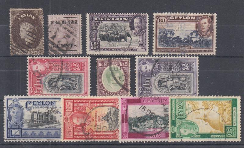 Ceylon Sc 53//299 used. 1863-1947 issues, 7 better singles + complete set, F-VF