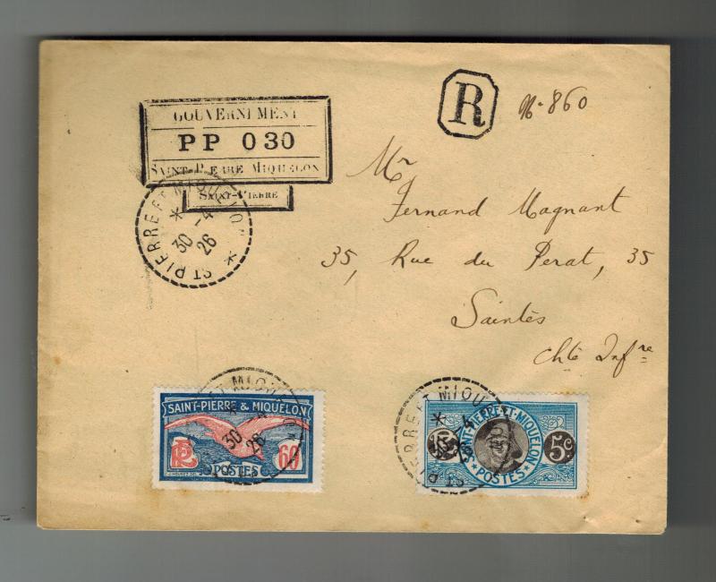 1926 St Pierre Miquelon cover to Saintes France registered