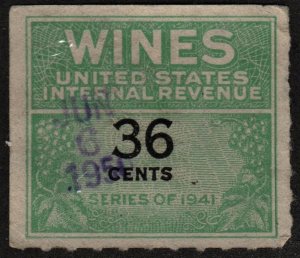 RE135 36¢ Wine Revenue Stamp (1942) Used