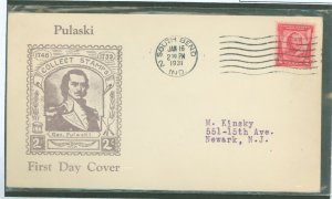 US 690 1931 2c General Pulaski Commemorative (single) on an addressed FDC with a Roessler cachet and a South Bend cancel