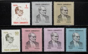 Turkey #1832-38 ~ Cplt Set of 7 ~ Kemal Alaturk ~ Unused, LHM (1970)