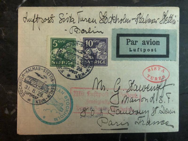 1929 Stockholm Sweden First Flight cover FFC to Vienna Austria Berlin Stettin