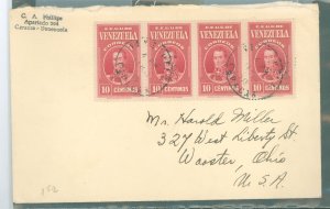 Venezuela  1939 cover to US, 10c Balivia X 4