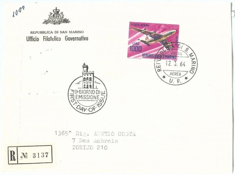 71865 - SAN MARINO - POSTAL HISTORY -  1964  AVIATION Airplane  FDC