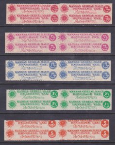 US State Revenues: Kansas Beer Stamps; 1947 Issue; Set of 5; MNH Blocks of 4