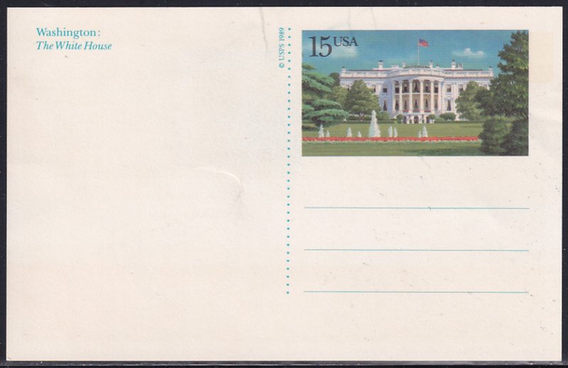 U.S.A. 1989 Sc UX143 The White House Washington DC Picture Postal Card Stamp MNH