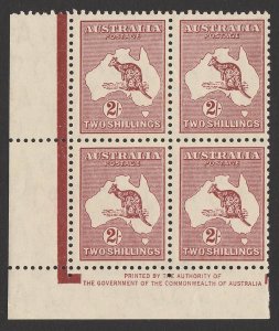 AUSTRALIA 1945 Kangaroo 2/- redrawn die imprint block. MNH **. ACSC 41z cat $100