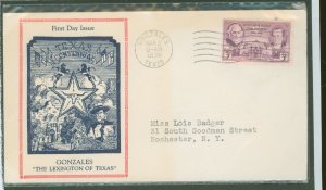 US 776 1936 3c texas independence centennial on an addressed, typed fd cover with a reid-cawood cachet