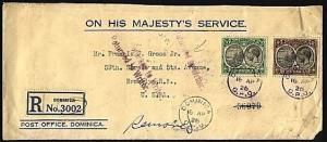 DOMINICA 1926 Registered OHMS cover to USA, 'Return to Writer'............96466W