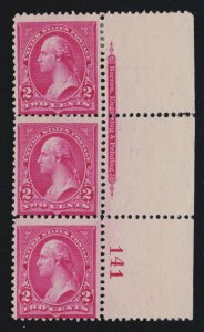 US 252 2c Washington Plate #141 Strip of 3 Mint Fine OG H/NH SCV $1100