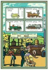 Maldives MNH S/S 200th Anniversary Steam Locomotives #2 4 Stamps