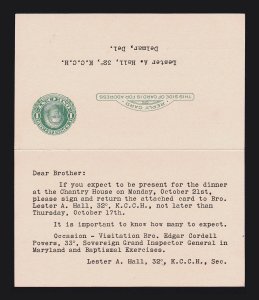 US REPLY CARD ENTIRE SCOTT #UY7 (PM4 + PR4) 1915 PREPRINTED MASONIC