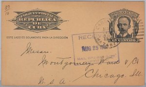 39618-HABANA-POSTAL STATIONERY CARD:Edifil #70 from Cárdenas to CHICAGO USA 1927