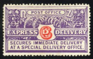 New Zealand #E1 Cat$60, 1926 6p purple and red, hinge remnant, pencil notatio...