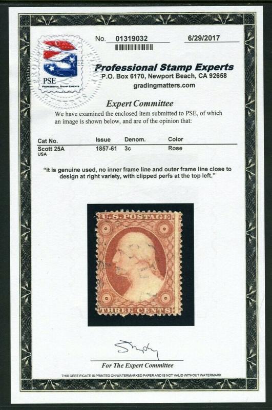 #25A var. Type I 3c Washington (USED) Scarce issue - cv$800.00