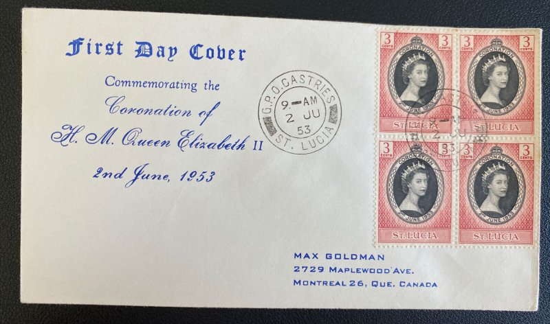 1953 Castries St Lucia First Day Cover Queen Elizabeth II coronation Stamp Block