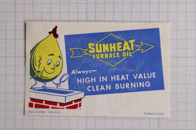 Sunheat Furnace oil drop brand mascot clean burning form A-3180 Poster stamp ad