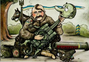 2022 war in Ukraine Card. Ukrainian soldier and Putin. Military Caricature