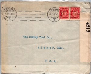 SCHALLSTAMPS - NORWAY 1918 POSTAL WWI CENSORED COVER ADDR USA CANC KRISTIANIA