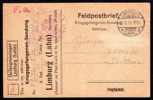 1915 1st WW POW, preprinted postcard Ireland, used, Royal Royal Irish Rifles
