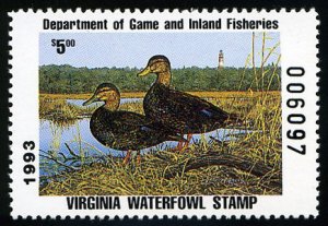 United States, Duck Hunting - State #VA6 Cat$12, Virginia, 1993 $5 Black Duck...