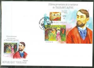 TOGO  2014 150th  BIRTH ANNIVERSARY OF TOULOUSE LAUTREC  SOUVENIR SHEET  FDC