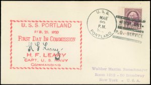 1933 USS PORTLAND CDS, 1st Day in Commission Cachet, 1st Day P.O. Service Slogan