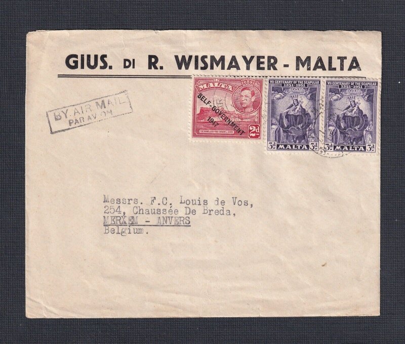 MALTA 1952 MULTIPLE ISSUES ON AIRMAIL COVER TO ANVERS BELGIUM