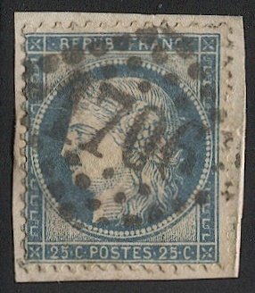 FRANCE 1871 Sc 58 25c Ceres, used on piece, #1706 cancel, F-VF