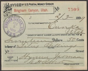 1899 US Postal Money Order BINGHAM CANYON Utah