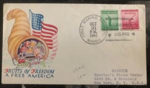 1941 US Navy Marines Post Office In Iceland Patriotic Cover to New York Usa Usmc