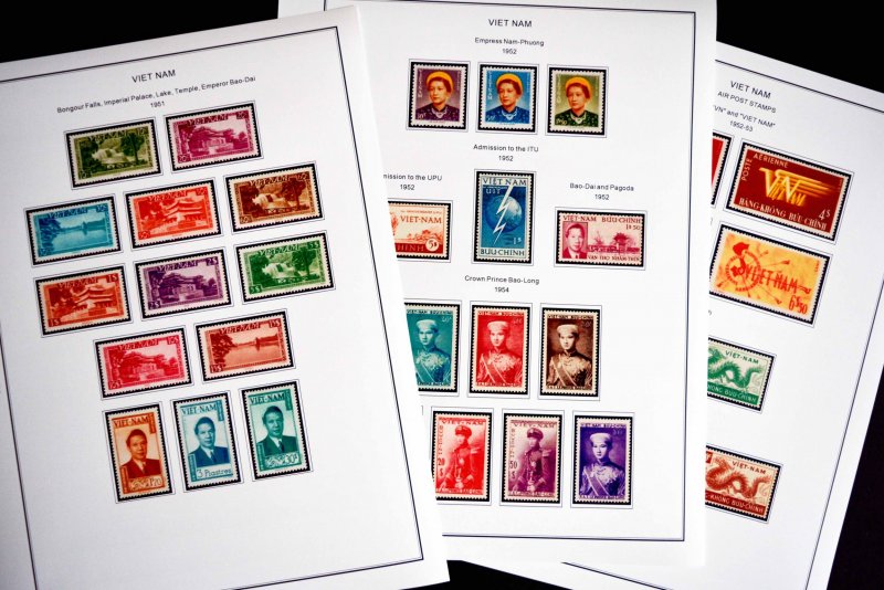 COLOR PRINTED FRENCH SE ASIA 1886-1956 STAMP ALBUM PAGES (32 illustrated pages)