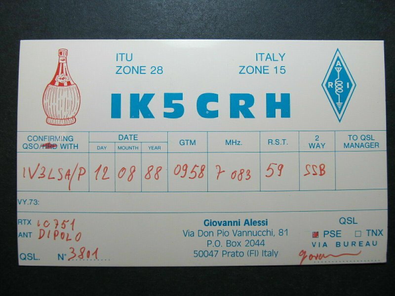 5494 Amateur Radio QSL Card Prato Italy 