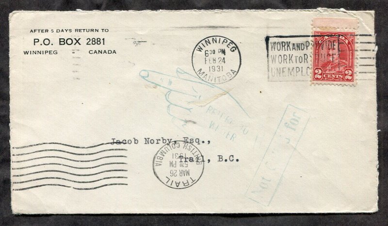 p613 - WINNIPEG 1931 Slogan Cancel on Cover to Trail BC. RETURNED