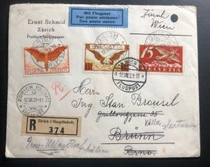 1929 Zurich Switzerland Airmail Cover To Velké Losiny Czech Via Vienna  # C11 13