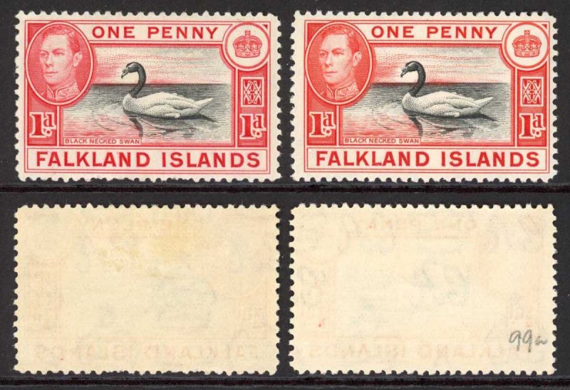 Falkland Islands SG147/a 1d Black and Carmine/Black and Vermilion M/M Cat 38.75