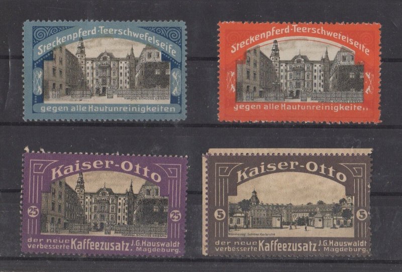 German Steckenpferd Soap & Kaiser Otto Advert Stamps - Dessau & Karlsruhe Palace